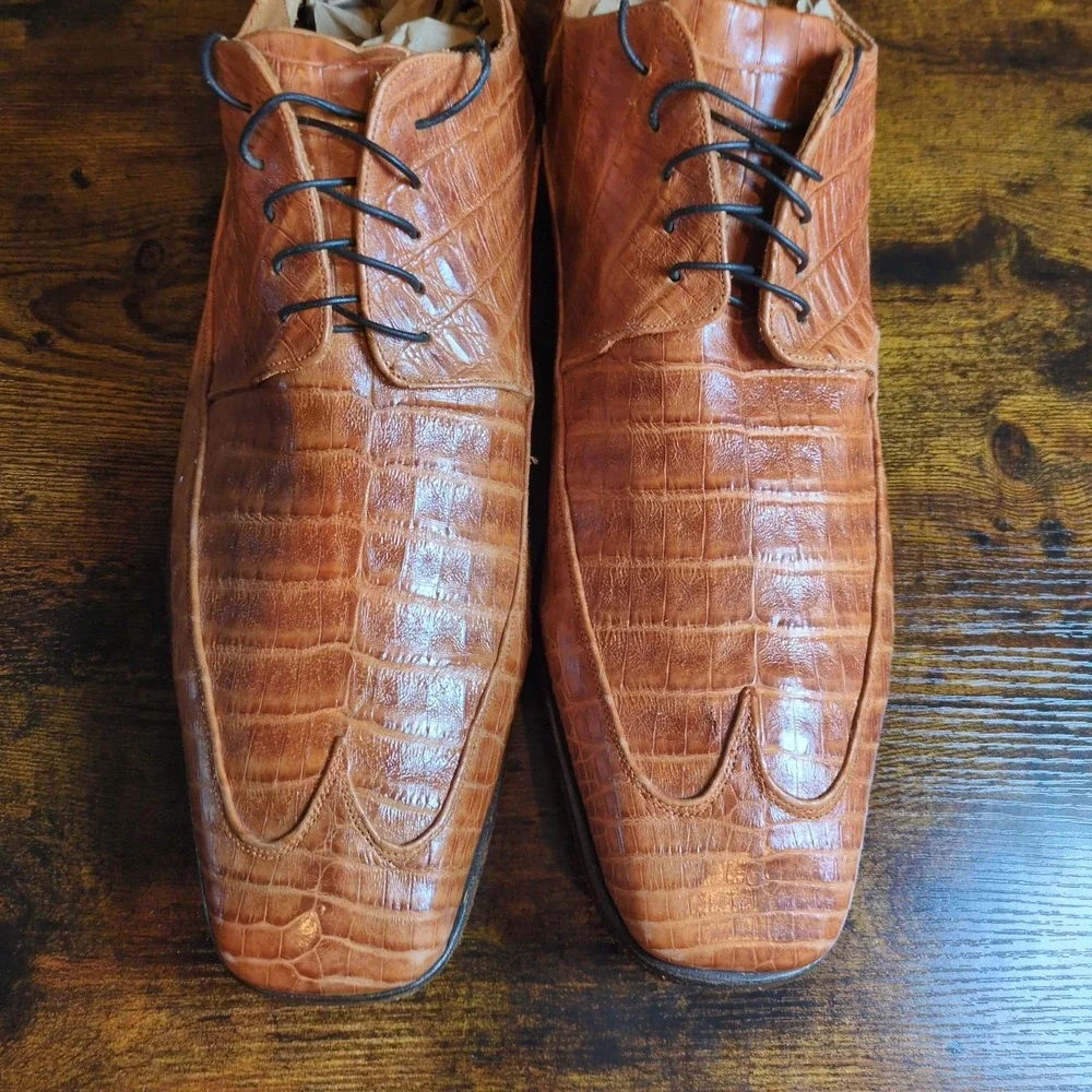 DU Mauri Cognac Alligator Skin Textured Leather Made in Italy Shoes Topy Sole